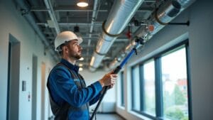 Czyszczenie wentylacji w biurze - technik HVAC serwisujący kanały wentylacyjne