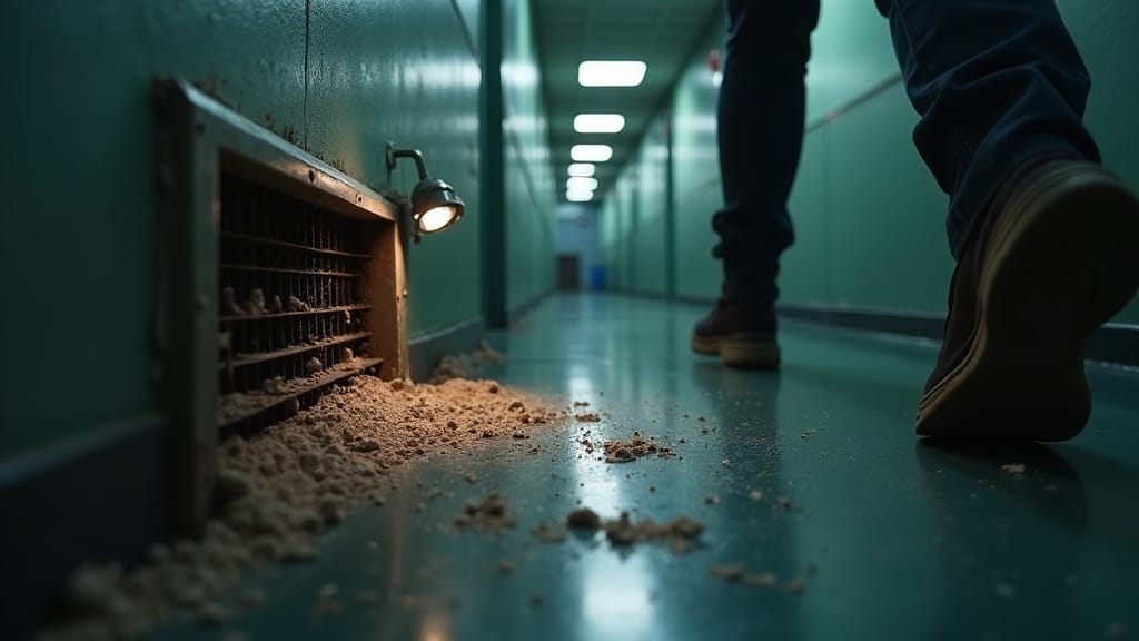 Inspekcja brudnej kratki wentylacyjnej w szkole przed czyszczeniem - kurz i zanieczyszczenia w kanałach