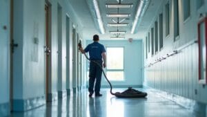 czyszczenie wentylacji w szkole – technik serwisowy w korytarzu szkolnym