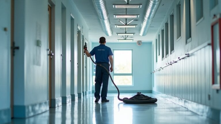 czyszczenie wentylacji w szkole – technik serwisowy w korytarzu szkolnym