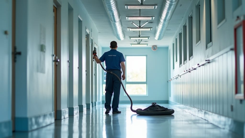 czyszczenie wentylacji w szkole – technik serwisowy w korytarzu szkolnym