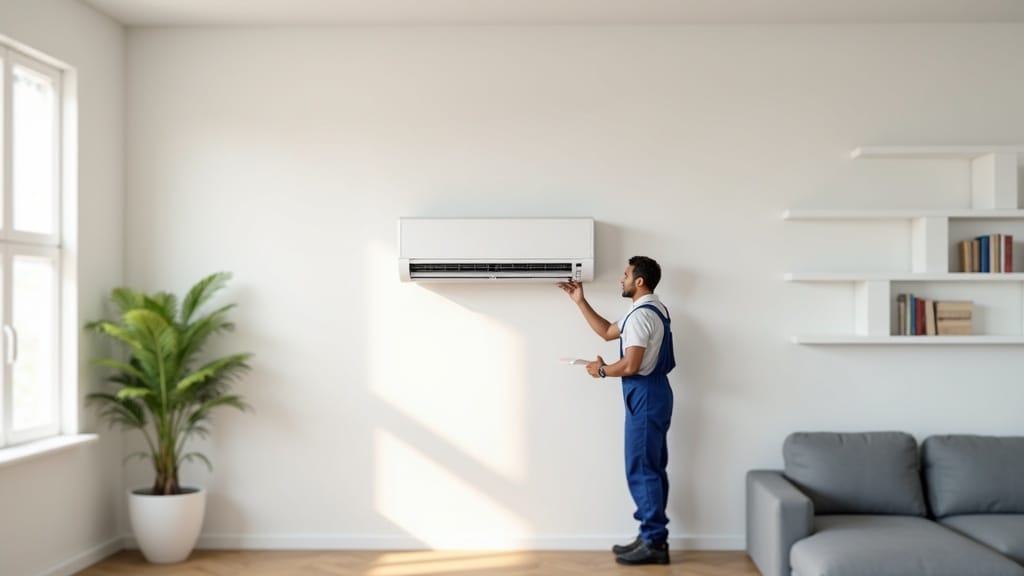 klimatyzacja split na ścianie w jasnym salonie - serwis i czyszczenie klimatyzacji Fastclean